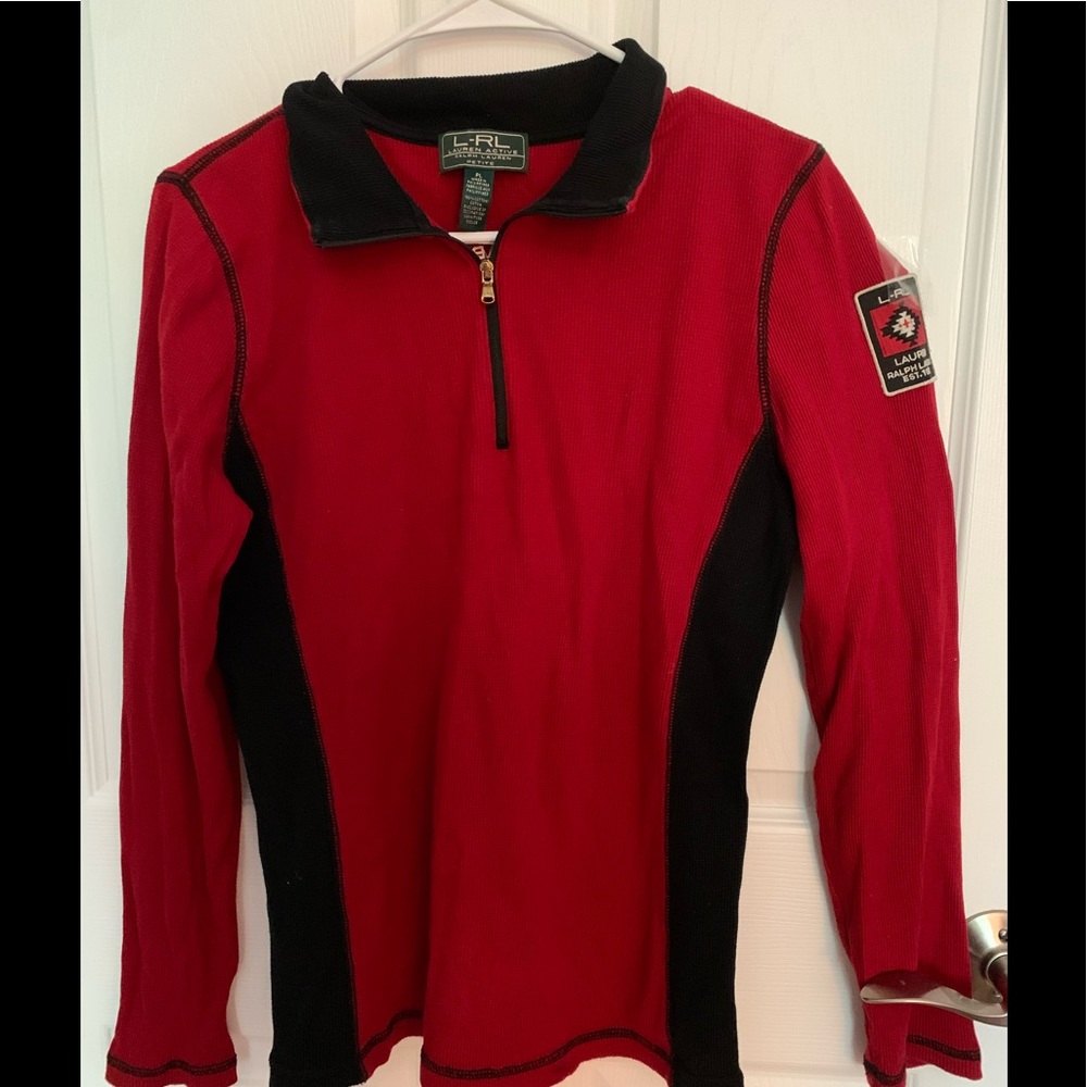 Lauren Active Ralph Lauren thermal waffle knit pullover in red and black.